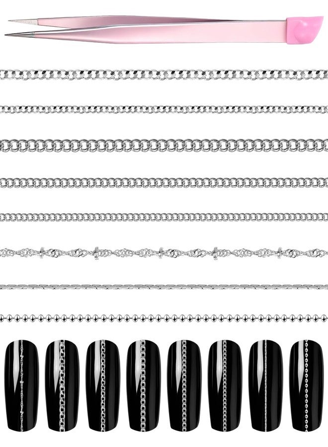 Aeaocvo 9 Strips Silver Nail Chains with Dual-Head Tweezer, 3D Chain Nails Charms for DIY Nail Art Decoration, DIY Making Manicure Jewelry - Image 1